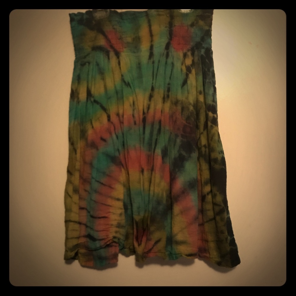 Hippie boho green tie dye strapless dress - M